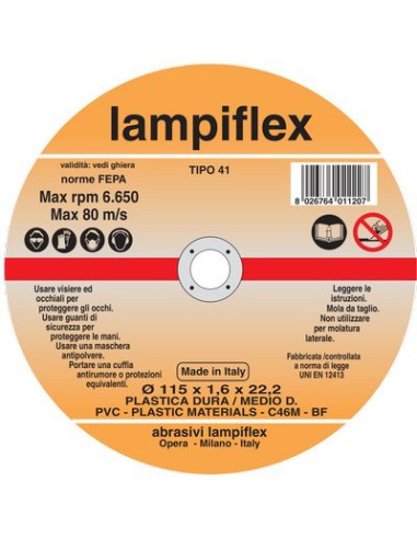 DISCO ABRASIVO TAGLIO PVC LAMPIFLEX MM 115X22,2 H.MM 1,6