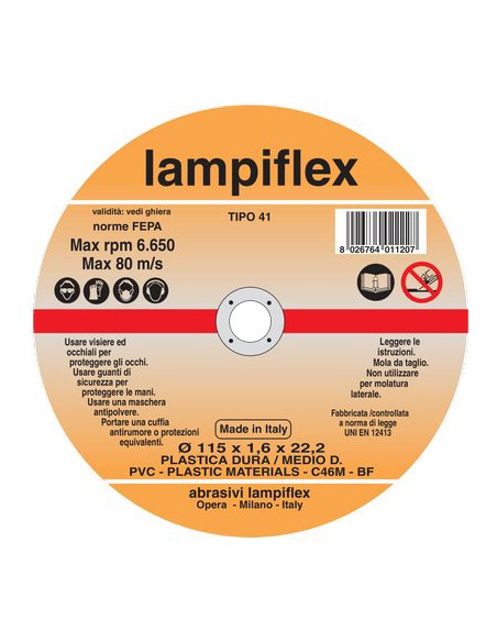 DISCO ABRASIVO TAGLIO PVC LAMPIFLEX MM 115X22,2 H.MM 1,6