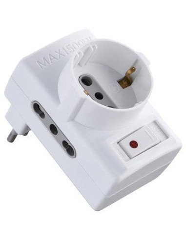 ADATTATORE TRIPLO 10A-16A+SCHUKO ELECTRALINE BIANCO 2P+T ASIMMETRICO + INTERRUTTORE TERMICO