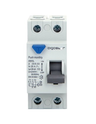 INTERRUTTORE DIFFERENZIALE PURO AIGOSTAR 2P VOLT 230 A 25 KA 6,0 MA 30 BIPOLARE