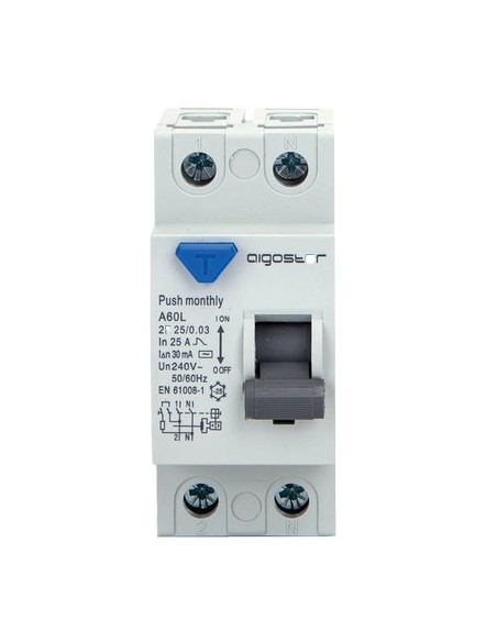 INTERRUTTORE DIFFERENZIALE PURO AIGOSTAR 2P VOLT 230 A 25 KA 6,0 MA 30 BIPOLARE