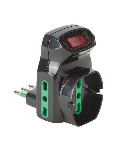 ADATTATORE TRIPLO 10A-16A+SCHUKO FME NERO 2P+T + INTERRUTTORE TERMICO