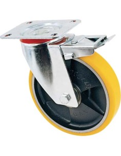 RUOTA A FORCELLA GIREVOLE + FERMO 24 AVO A/ZINCR/POL.GIAL D/GHISA D.MM 80X20 P.MM 100X85