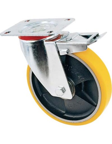 RUOTA A FORCELLA GIREVOLE + FERMO 24 AVO A/ZINCR/POL.GIAL D/GHISA D.MM 80X20 P.MM 100X85