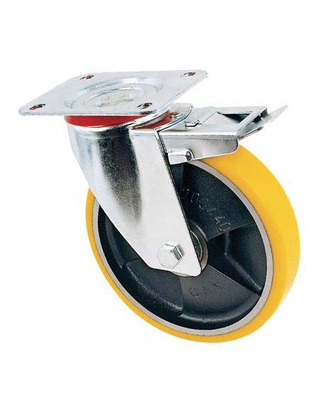 RUOTA A FORCELLA GIREVOLE + FERMO 24 AVO A/ZINCR/POL.GIAL D/GHISA D.MM 100X25 P.MM 100X85