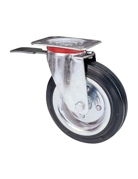 RUOTA A FORCELLA GIREVOLE + FERMO 80BIS AVO A/ZINCR/GOMMA NERA D.MM 180X50 P.MM 140X110