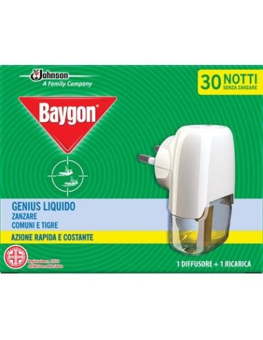 ELETTROEMANATORE LIQUIDO GENIUS BAYGON + RICARICA LIQUIDA DURATA NOTTI 30