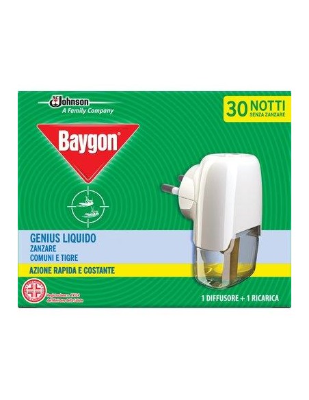 ELETTROEMANATORE LIQUIDO GENIUS BAYGON + RICARICA LIQUIDA DURATA NOTTI 30