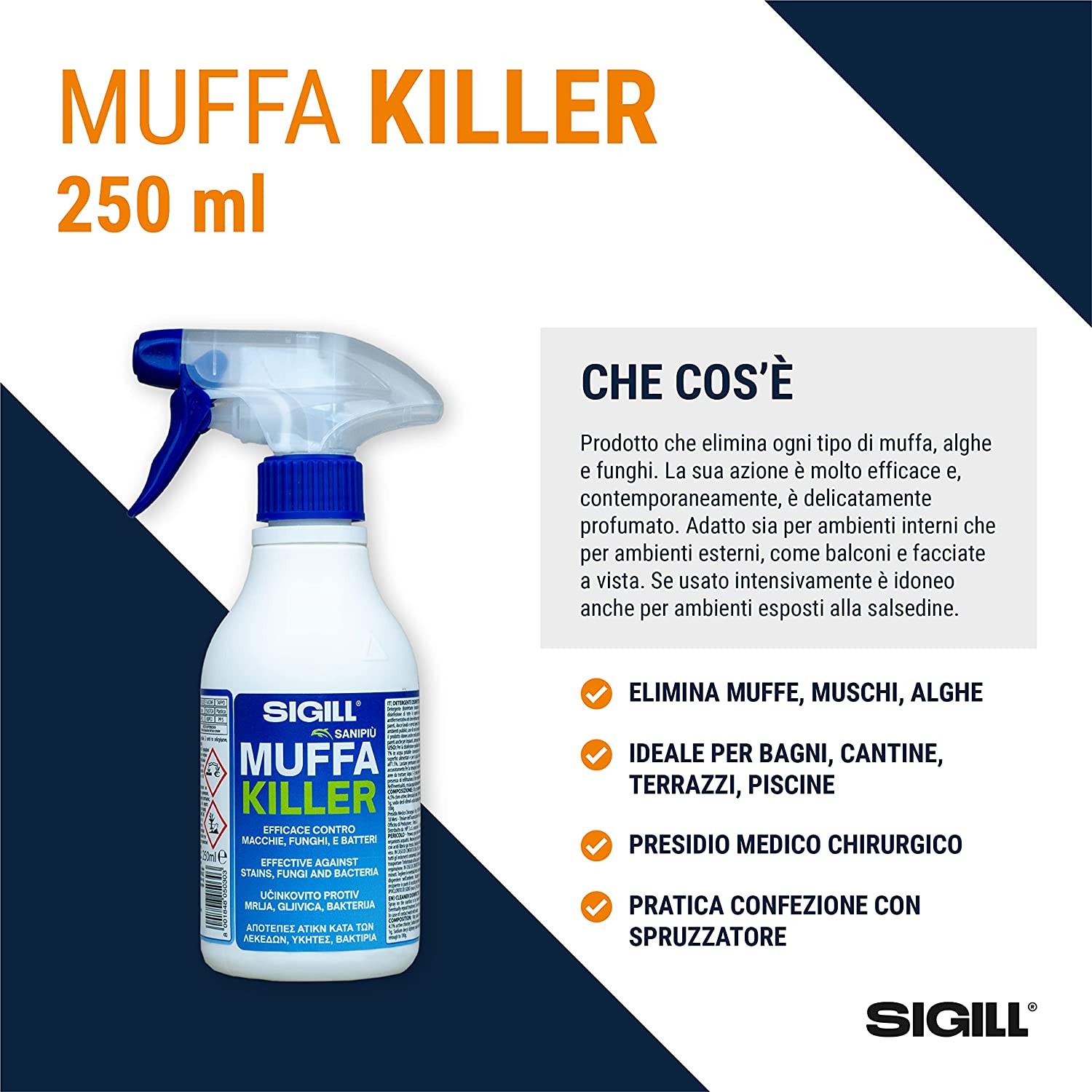 SIGILL, Muffa Killer Antimuffa, Prodotto che Elimina ogni Tipo di Muffa, Alghe e Funghi, Presidio Medico Chirurgico, Ideale per Bagni, Terrazzi, Cantine e Piscine, Made in Italy, Flacone da 250 ml